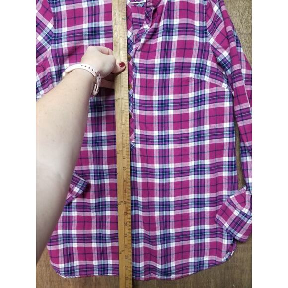 Lands' End Wmns Sz 2 Purple Plaid Long Sleeve Flannel Pullover Cotton Tunic Top - Picture 8 of 9